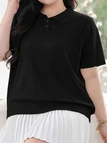 Dazy Plus 纯色 Polo 领修身短袖针织上衣，春夏秋季 - 黑色 - 查看 4