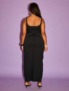 FASHION SZN Vestido midi con cuello cuadrado y esculpido para mujer talla grande, con lazo de ajuste en la espalda. Elegante y chic para fiestas de cumpleaños, eventos formales, vacaciones de verano. Vestido negro formal de tela elástica. - Negro - Ver 2