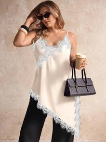 Elegantrix Plus Size Women Urban Casual Lace Asymmetric Hem V-Neck Patchwork Solid Color Camisole White Slip Top - Apricot - View 1
