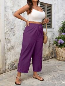 SHEIN LUNE CURVE Plus Size Casual Cotton Linen Patchwork Embroidered Floral Hem Pants - Purple - View 5