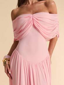 SHEIN BAE 奶油粉色露肩褶皱薄纱袖修身A字连衣裙，精致飘逸，适合晚宴和约会，春夏款 - 淺粉色 - 查看 6