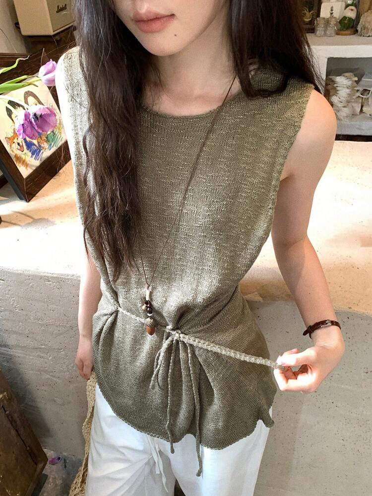 Women's Solid Color Jacquard Knit Sleeveless Belted Elegant Summer Lightweight Cardigan Vest