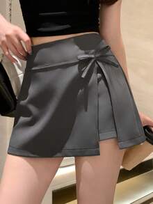 DAZY Solid Color Integrated Slit Bow Tie 2 In 1 Skirt Pants, Casual Resort Summer Wear For Women - Grey - View 5