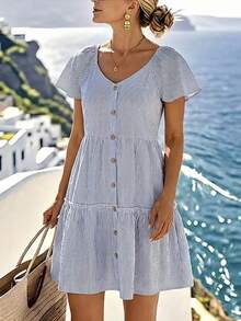 EMERY ROSE Vestido corto de mujer con volantes en las mangas, de un solo pecho y a rayas, para vacaciones - Azul y blanco - Ver 7
