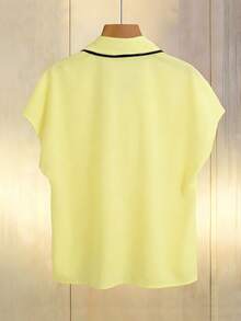Franclia Versatile Casual Bat Wing V-Neck Printed Scarf Tie Blouse, Beige, Short Sleeve, Loose Fit, Suitable For Spring/Summer Office Commute - Light Yellow - View 2