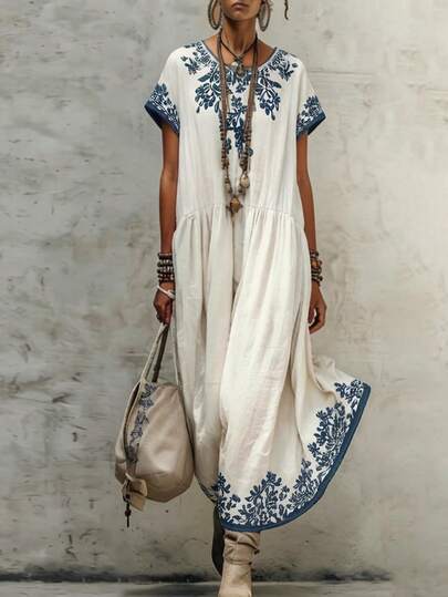 Balvessa Women's Round Neck Short Sleeve Cropped Sleeve Refreshing Spring/Summer Beach Vacation Date Romantic Comfortable Imitation Linen Feel Blue & White Elegant Floral Print, Bohemian Style Vacation, Suitable For All Seasons, Women Wear As Beach Dress Paired With Long Skirt