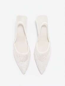 Women's 7cm High Heel Mesh Floral Sandals, Black Pointed Toe Kitten Heel Elastic Strap Sandals, Fairy Style - White - View 9