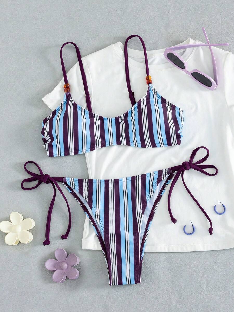 Swim Mod 女士条纹印花串珠系带露背可爱性感比基尼套装,适合春夏海滩音乐节穿着 - 彩色 - 查看 1