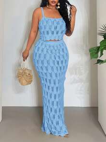 Veslaya Ensemble 2025 nouveau top court sans manches évidé sexy/vacances/élégant et jupe maxi moulante - Bleu ciel - Voir 6