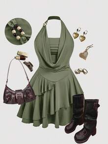 SHEIN MOD Plus Size Army Green Summer Boho Vacation Holiday Vintage 70s Asymmetrical Mini Dress,Halter Neck Beaded Layered Cake Hem Ruffle Draped Collar Y2K - Army Green - View 3