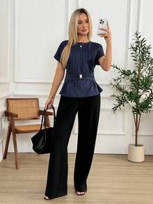 Women's Striped Print Ruffle Crew Neck Short Sleeve Blouse, Summer - Navy Blue - View 1