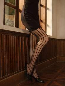 Bisouelle 1条竖条纹高弹网眼打底裤，性感紧身裤，哥特朋克风 - 黑色 - 查看 5