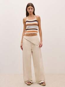 Nöista 中腰阔腿裤，配有围巾式裹身设计，饰有铆钉，侧边系带。适合春季、夏季、音乐节、海滩穿着。 - 白色 - 查看 5