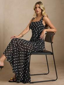 Enchnt Summer Sweet Vintage Elegant Women's Black And White Polka Dot Ruched Waist Maxi Dress, For Vacation Date Party Holiday Outfit - Black - View 5