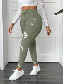 Slaydiva Plus Size Solid Color Minimalist Everyday Jeans Going Out Olive Green Summer - Army Green - View 3