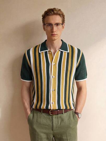 Manfinity CityGents Men's Striped Patchwork Single-Breasted Casual Everyday Knit Top,Casual/Commute/Vacation/Cool Dad Style, Spring/Summer Vacation Outfits For Men Vintage Outfit For Men Mens Summer Outfits Retro Outfit For Men Zipper Comfortable Breathable Lightweight Knit Top For Casual Wear, Suitable For Vacation And Valentine's Day