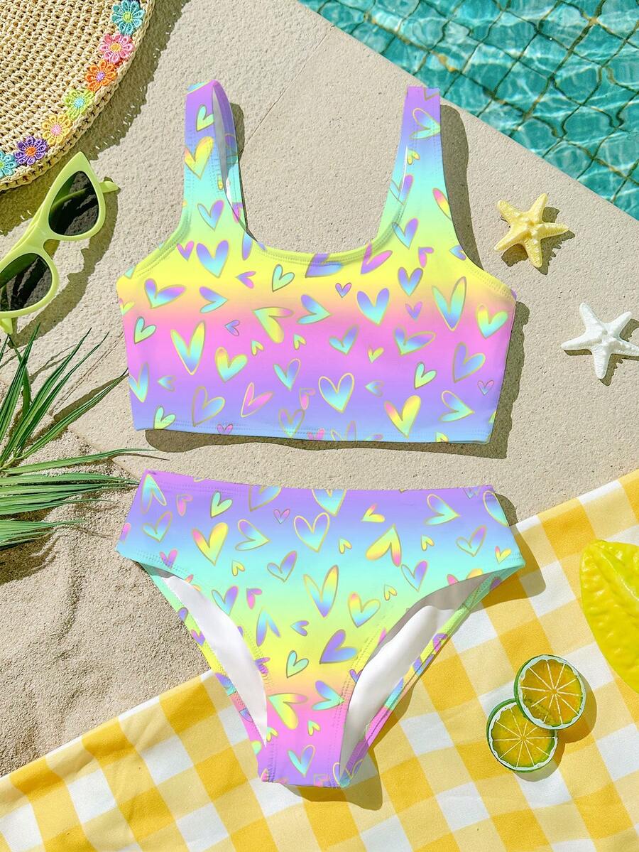 渐变爱心印花休闲度假少女简约吊带背心和三角比基尼泳衣套装,适合夏季海滩穿着,#Coconutgirl - 彩色 - 查看 1