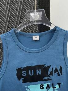 SHEIN Top de punto holgada sin mangas con estampado de palmeras, estilo informal de vacaciones para niño preadolescente, adecuada para la playa, deportes, vacaciones, escuela - Azul - Ver 4