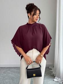Elenzga Blusa holgada de cuello redondo, mangas fruncidas y bajo ondulado para mujer talla grande, primavera/verano - Burdeos - Ver 1