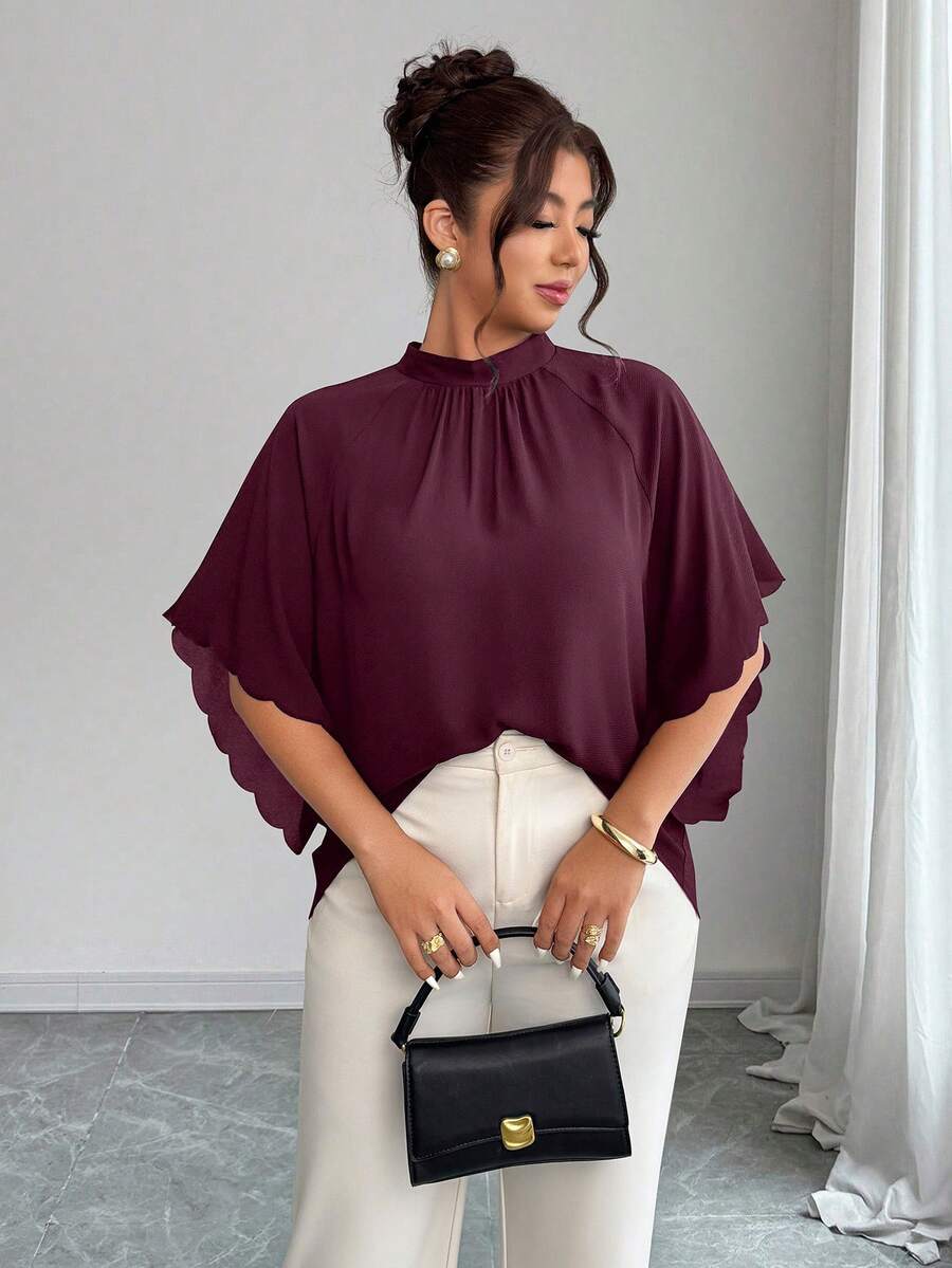 Elenzga Blusa holgada de cuello redondo, mangas fruncidas y bajo ondulado para mujer talla grande, primavera/verano - Burdeos - Ver 1