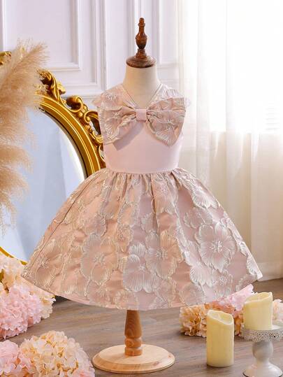 Partywear Santa Dress, New Year's Dress, Seasonal Toddler Flower Girl Wedding Dress, Pink Floral Satin Soft Princess Dress, Christmas Dress With Floral Bow Decor Front Banquet Gown