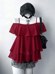 Sunspun 大码女式休闲朋克黑色雪纺衬衫 - 紅色 - 查看 1