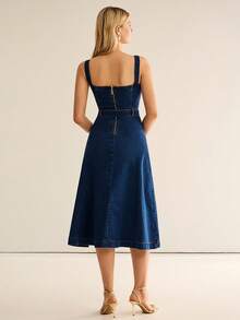 CielaLinda Đầm midi denim nữ có túi - Màu xanh lam - Xem 2