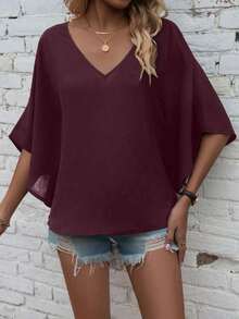 EMERY ROSE Women's Solid Color V-Neck Batwing Sleeve Loose Casual Shirt, Summer - Burgundy - View 3