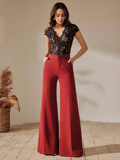 Anewsta 女士休闲纯色高腰宽松阔腿西装裤，适合工作和日常穿着