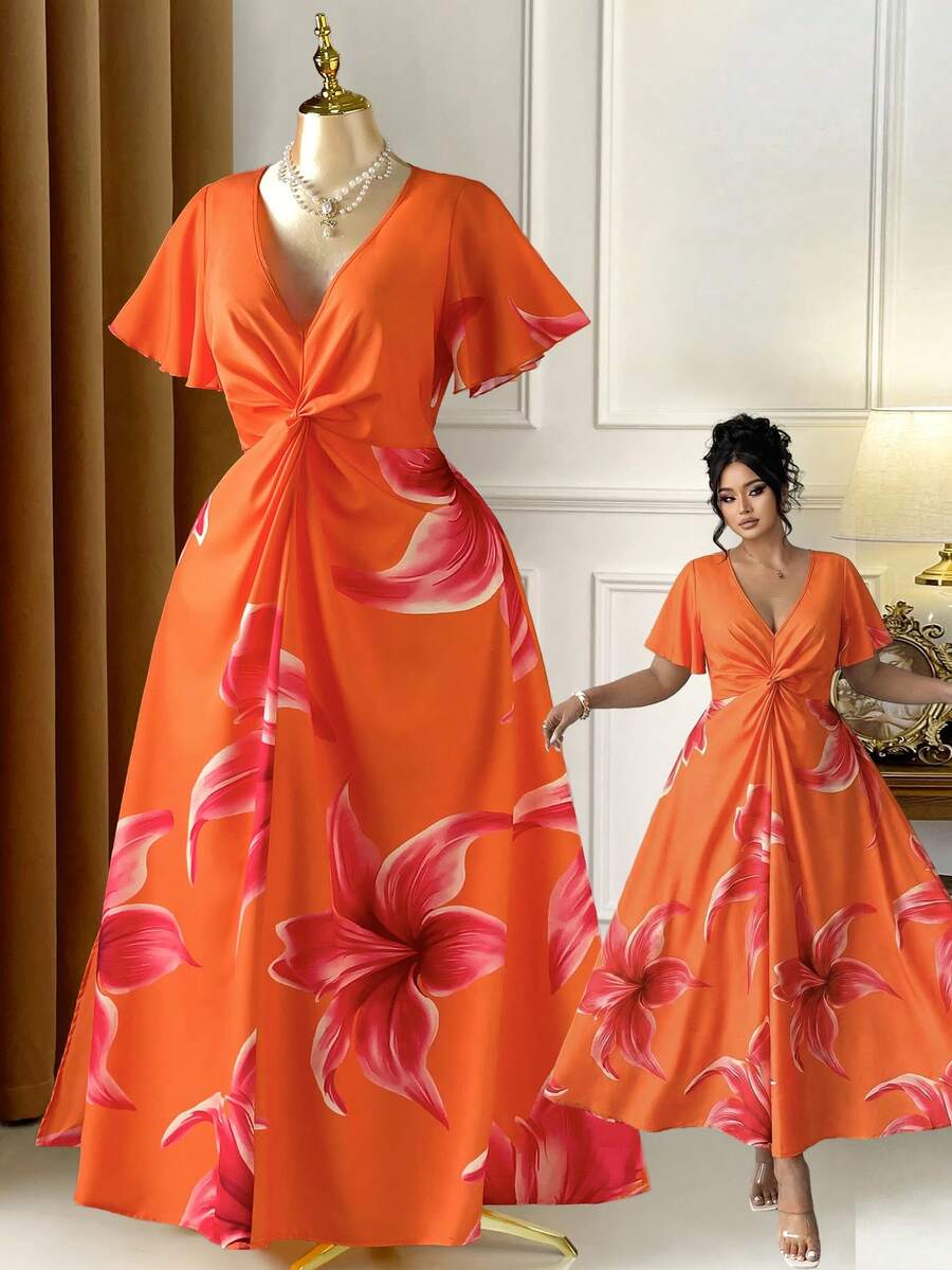 Rometta 大码女式橙色碎花连衣裙，适合海滩度假，V领扭结设计，修身长裙 - 橘色 - 查看 1