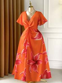 Rometta 大码女式橙色碎花连衣裙，适合海滩度假，V领扭结设计，修身长裙 - 橘色 - 查看 8