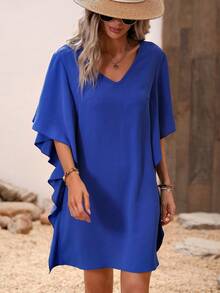 LanaWest Vestido casual minimalista suelto con cuello en V y dobladillo con volantes de unicolor - azul real - Ver 5