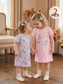 Set Piyama Baju Tidur Panjang Lengan Pendek Motif Bunga Manis untuk Bayi Perempuan, Ungu & Merah Muda - MultiWarna - View 7