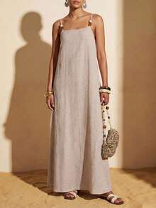 Zivah Women Light Beige Summer Tropical Vacation Holiday Boho Linen Beaded Camisole Loose Long Dress,Casual Western Vibe Beach Party Festival Maxi Dress - Khaki - View 10