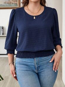 Comfylo 大码休闲纯色泡泡袖上衣新款女士服装假日服装夏季服装女士度假服装情人节服装 - 藍色 - 查看 7