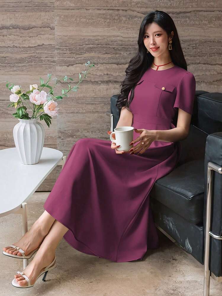 Casual Elegant Holiday Waist Cinched Short Sleeve Long Dress For Women, Spring & Summer