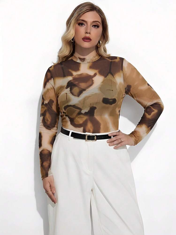 SHEIN Maija Plus Size Women Sheer Pattern Long Sleeve Fitted Blouse Women's Long Sleeves Tops Camouflage Outfit For Women Plus Size Women 2 Pieces Outfit Casual Women's Sheer Mesh Tops Plus Size Tops For Women Camouflage Women's Tops Women's Patterned Long Sleeve Long Sleeve Tops For Women