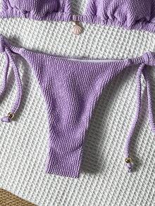 Swim Mod 女士提花面料露背金属装饰性感比基尼套装，夏季 - 紫色 - 查看 5