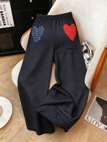 Franclia Plus Size Women Fashion Casual Vacation Striped Polka Dot Heart Print Loose Wide Leg Pants Gym Brown Autumn - Navy Blue - View 1