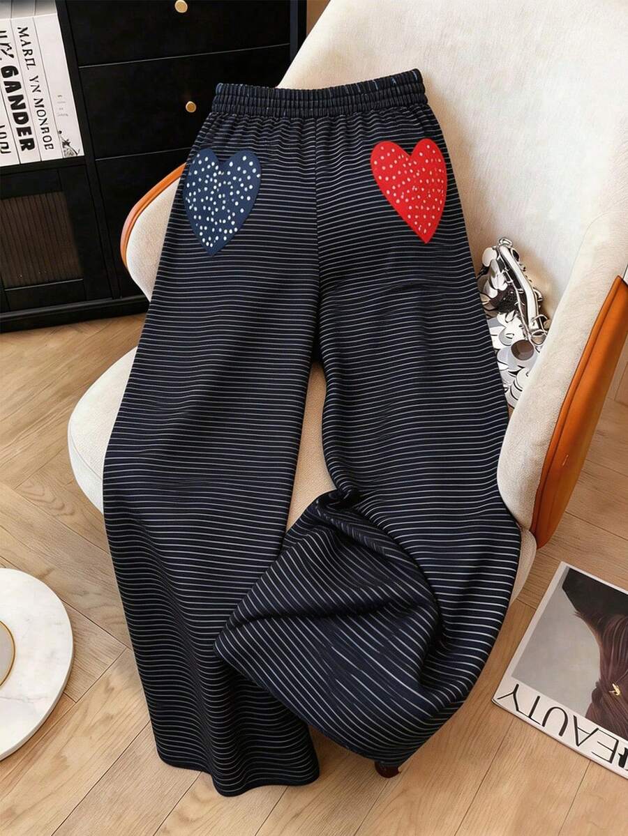 Franclia Plus Size Women Fashion Casual Vacation Striped Polka Dot Heart Print Loose Wide Leg Pants Gym Brown Autumn - Navy Blue - View 1