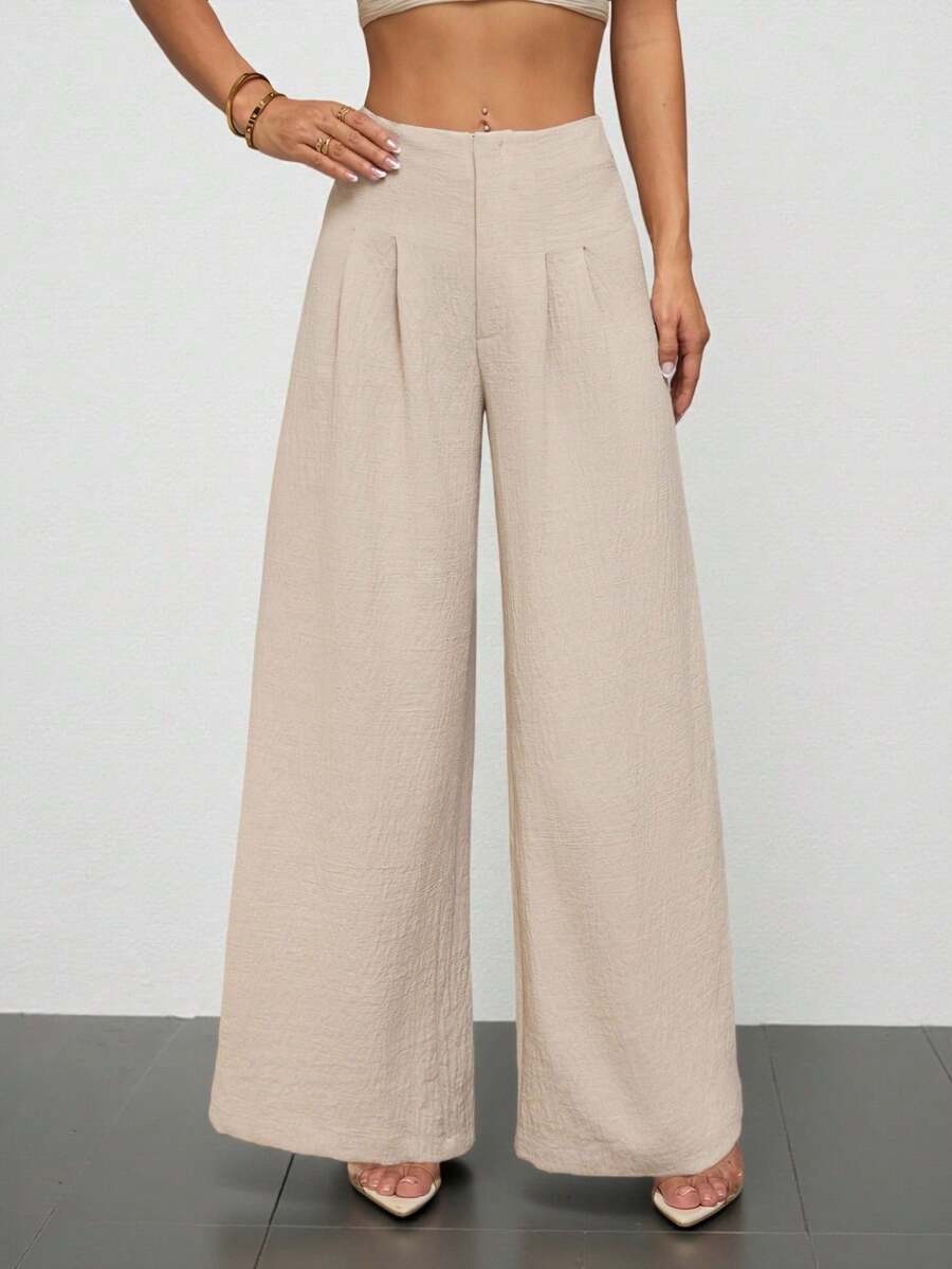 SHEIN PETITE Quần nữ ống rộng xếp ly cạp cao có khóa kéo, màu đỏ cà tím, kiểu dáng thanh lịch, thường ngày, phù hợp đi làm, đi học, đi làm công sở. - Màu Khaki - Xem 1