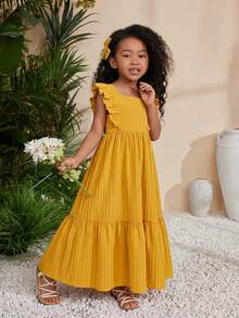 SHEIN Young Girl Sleeveless Dress With Square Neckline, Solid Color - Yellow - View 5