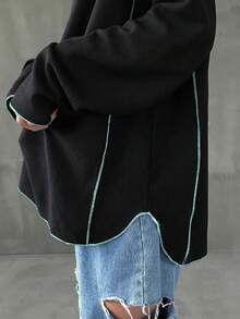 FRIFUL Kaos Wanita Kasual dengan Jahitan Kontras, Lengan Panjang Musim Semi/Musim Gugur - Hitam - View 6
