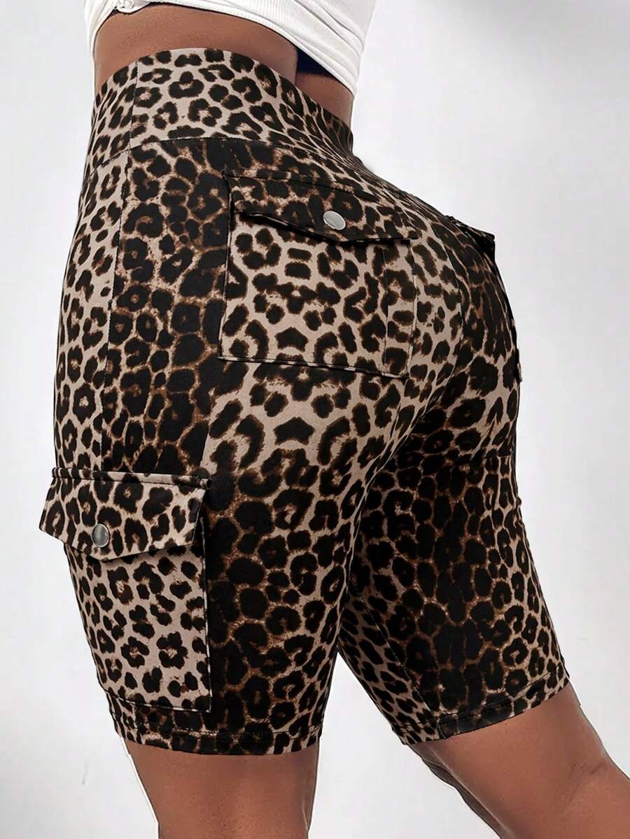 SHEIN LUNE Plus Size High Waist Fold-Over Cargo Running Shorts With Pockets, Tummy Control & Butt Lifting - Coffee Brown - View 1
