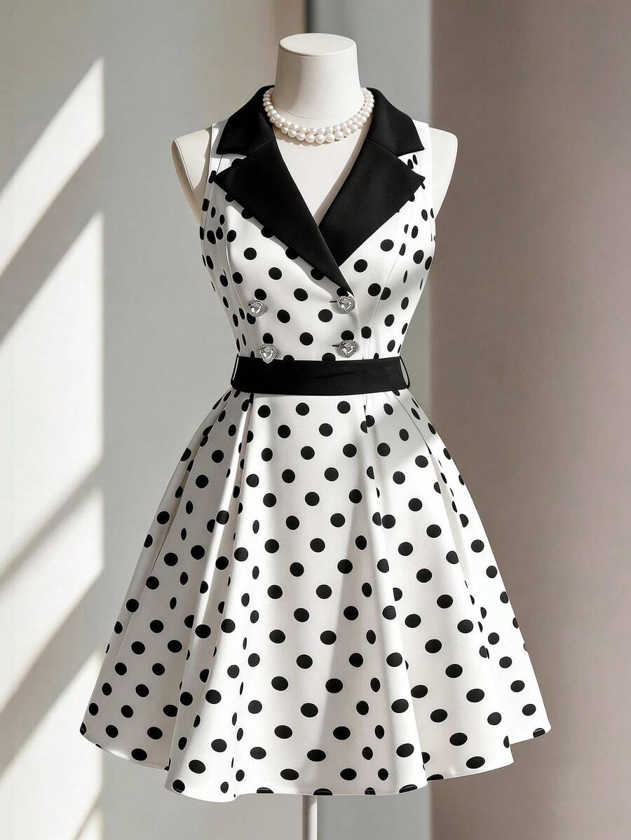 Endroma Sleeveless Waist Splicing Polka Dot A-Line Elegant Romantic Sophisticated Ladies Dress - Black and White - View 1
