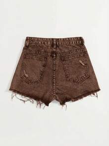Damen Lässig Destroyed Fransensaum Jeans Shorts mit Taschen - Kaffeebraun - Übersicht 2
