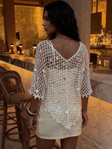 Selianne Sequin Hollow-Out Knitted Shawl,Women's Boho Summer Cream Close-Fitting Garment For Holiday,Vacation,Beach Outings & Festivals - White - View 3
