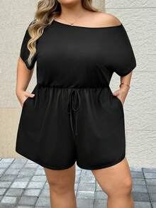 SHEIN CURVE+ Đầm cỡ lớn dành cho nữ, trang phục mùa hè, quần short, thiết kế trễ vai dễ thương, bộ đồ hè cho nữ, trang phục lễ hội, bộ đồ đi nghỉ mát cho nữ, đầm thường ngày cho nữ - màu đen - Xem 4