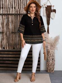 EMERY ROSE Kemeja Wanita Lengan Pendek Kasual Leher V dengan Kancing Motif Geometris, Atasan Musim Panas - Hitam - View 6