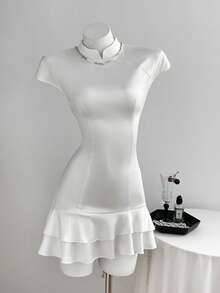 Elamini 女士优雅立领收腰编织中长连衣裙 - 白色 - 查看 6